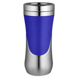 A travel mug featuring a stainless steel base with a blue body and a metallic finish on the lid.