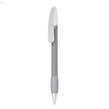 A plastic pen in grey with a silver clip, featuring a simple design and an unspecified logo.