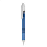 A blue plastic pen with a clear barrel and silver clip. It features a smooth grip for comfortable writing.
