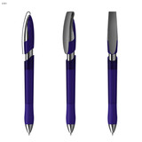 A transparent purple plastic pen with silver accents, featuring a sleek design and a clip for easy attachment.