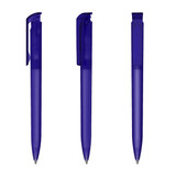 A set of three transparent blue plastic pens with clips and smooth barrels, featuring a logo on one side.