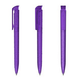 A set of three transparent purple plastic pens with clips, featuring a smooth design and a silver tip.