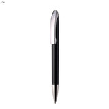 A black plastic pen with a shiny silver clip and tip. The pen has a sleek, modern design and features a logo.