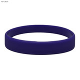 A navy blue silicone wristband with a smooth surface and a circular design. It features a logo.