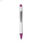 A plastic pen in white and purple, featuring a sleek design and silver accents, with a logo on it.