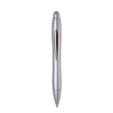 A silver plastic pen with a sleek design, featuring a clip and a shiny accent. It has a logo present.