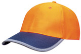 A reflective safety cap in vibrant orange with a navy blue brim and reflective trim. Features a logo on the front. A reflective safety cap in vibrant orange with a navy blue brim and reflective trim. Features a logo on the front.