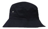 A black Brushed Sports Twill Bucket Hat with a reflective eyelet, featuring a wide brim for sun protection. A black Brushed Sports Twill Bucket Hat with a reflective eyelet, featuring a wide brim for sun protection.
