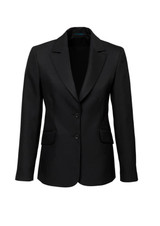 A black longline women's jacket with a blazer style, featuring two buttons and front pockets. It has a logo.