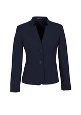 A navy short jacket with a reverse lapel and two buttons, featuring a fitted silhouette. It includes a logo.