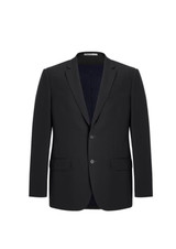 A black men's blazer featuring a two-button design, tailored fit, and two front pockets. Has a branded label inside.