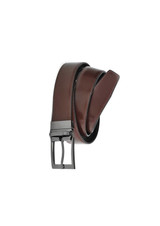 A brown leather reversible belt featuring a sleek silver buckle and contrasting stitching. It has a branded logo. A brown leather reversible belt featuring a sleek silver buckle and contrasting stitching. It has a branded logo.