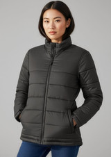 A women's puffer jacket in black with a high collar and side pockets, featuring a brand logo.