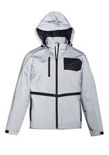 A reflective waterproof jacket in silver with black accents and a pocket, featuring a hood and zip closure. A reflective waterproof jacket in silver with black accents and a pocket, featuring a hood and zip closure.