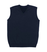 A navy blue sleeveless vest with a V-neck design and a ribbed hem. Features a logo on the side.