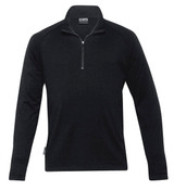 A black Merino zip pullover for men, featuring a quarter zip and long sleeves. It has a logo on the side. A black Merino zip pullover for men, featuring a quarter zip and long sleeves. It has a logo on the side.