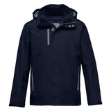 A navy soft shell jacket featuring a hood, front zippers, and reflective detailing, with branding on the inside.