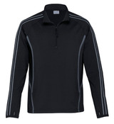 A black pullover jacket with a quarter zip and grey stripe details, featuring a logo on the chest.