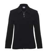 A black women's Melton wool jacket with a zip front and collar. It features long sleeves and a classic design. A black women's Melton wool jacket with a zip front and collar. It features long sleeves and a classic design.