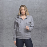 A grey women's vintage hoodie with a zip and a hood, featuring a logo on the front.