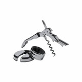 A wine set featuring a chrome corkscrew and a metallic wine stopper. The set has a sleek, shiny finish.