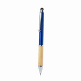 A blue stylus touch ball pen with a bamboo grip and metallic accents, featuring a brand logo. A blue stylus touch ball pen with a bamboo grip and metallic accents, featuring a brand logo.