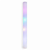 A glow stick in various shades of purple, blue, and green, featuring a smooth, elongated design. It has a logo.