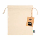 A fair trade cotton bag in natural beige with a drawstring closure and a tag attached. A fair trade cotton bag in natural beige with a drawstring closure and a tag attached.