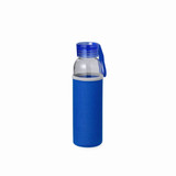 A drink bottle with a clear glass body, blue lid, and blue sleeve for insulation. It features a carrying strap. A drink bottle with a clear glass body, blue lid, and blue sleeve for insulation. It features a carrying strap.