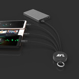 A drink bottle opener with a black charging cable, featuring multiple connectors and a branded keychain attachment.