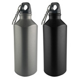 A drink bottle set featuring one silver and one black bottle, both with a detachable carabiner and logo.
