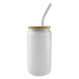 A frosted glass tumbler with a bamboo lid and stainless steel straw, designed for beverages.