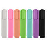 A set of eight highlighters in white, pink, orange, green, teal, purple, and black, featuring a clip design.