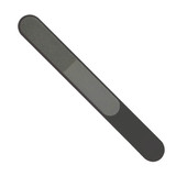 A nail file in grey with a smooth and gritty surface, featuring a simple design and logo.