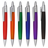 A collection of plastic pens in red, orange, green, blue, purple, and black, each with a silver clip and tip.