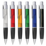 A collection of six plastic pens in clear, red, orange, green, blue, and black, featuring silver accents and rubber grips.
