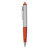 A plastic pen with a silver barrel and an orange grip, featuring a silver clip and a logo.