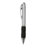 A silver plastic pen with a black grip and a chrome clip, featuring a branded logo.