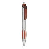 A plastic pen in silver and red, featuring a clip and grip design, with a logo on the barrel.