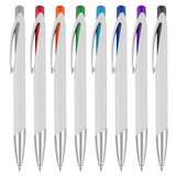 A collection of eight plastic pens with white bodies and coloured accents: orange, green, blue, purple, and black. Each has a silver tip.