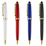 Four plastic pens in white, red, blue, and black, each featuring gold accents and a clip.