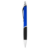 A plastic pen with a blue barrel, silver accents, and a textured black grip, featuring a clip and a logo.