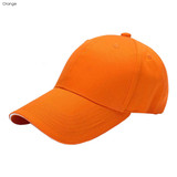 An orange cotton sandwich cap with a curved brim and an adjustable strap at the back. It features a logo.