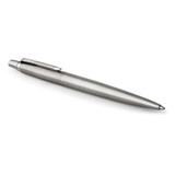 A brushed stainless steel ballpoint pen with a silver clip and a sleek design. It features a brand logo.
