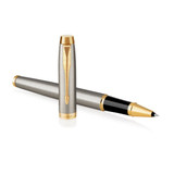 A brushed stainless steel rollerball pen with gold accents, featuring a sleek design and a cap.