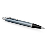 A blue grey stainless steel ballpoint pen with a sleek design and a clip, featuring a branding logo.