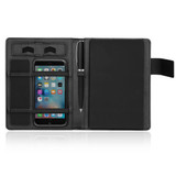 A black A5 journal with a magnetic closure, featuring slots for cards and a space for a smartphone and pen. A black A5 journal with a magnetic closure, featuring slots for cards and a space for a smartphone and pen.