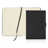 A black A5 notebook journal with a magnetic closure and a ribbon bookmark, featuring lined pages inside. A black A5 notebook journal with a magnetic closure and a ribbon bookmark, featuring lined pages inside.