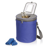 A blue cooler bag with a zippered top, containing three bottles and two blue ice blocks beside it.