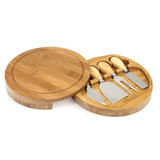 A bamboo cheese board with a circular cover, featuring five stainless steel cheese knives with wooden handles.